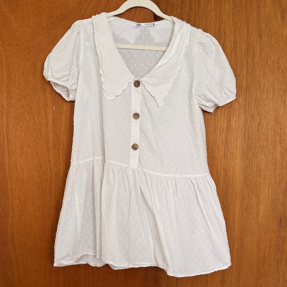 Zara White Button-Down Dress with Scalloped Collar